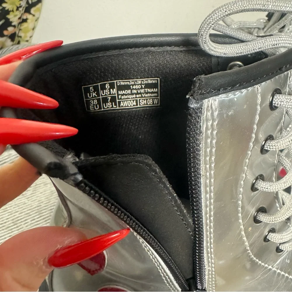 Dr. Martens Silver Combat Boots with Red Heart Accents - Picture 6 of 6